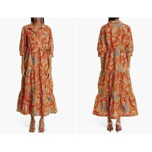 New The Oula Company Size M Print Tiered Maxi Dress Red Yellow